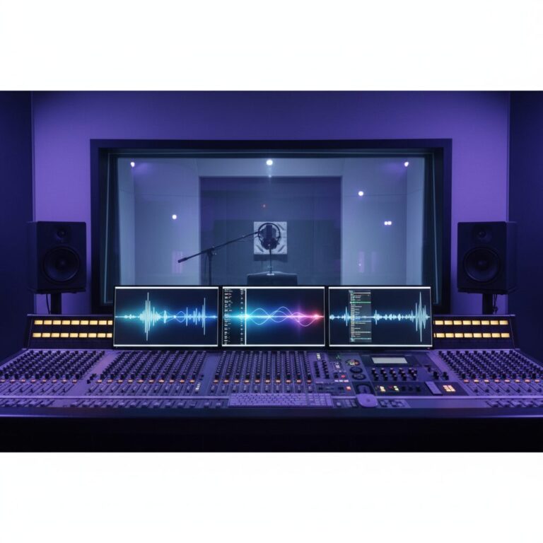 声優ブームの終わりと未来を考察する、プロの録音スタジオのミキシングコンソールとマイク。