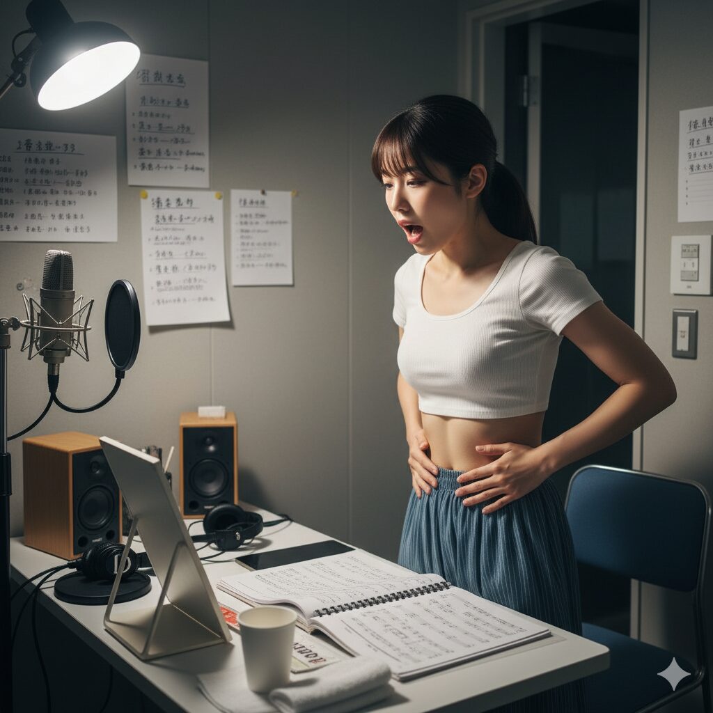 厳しい養成所で成果を出すため、一人で発声練習や滑舌のトレーニングに集中して取り組む声優志望者の真剣な表情。