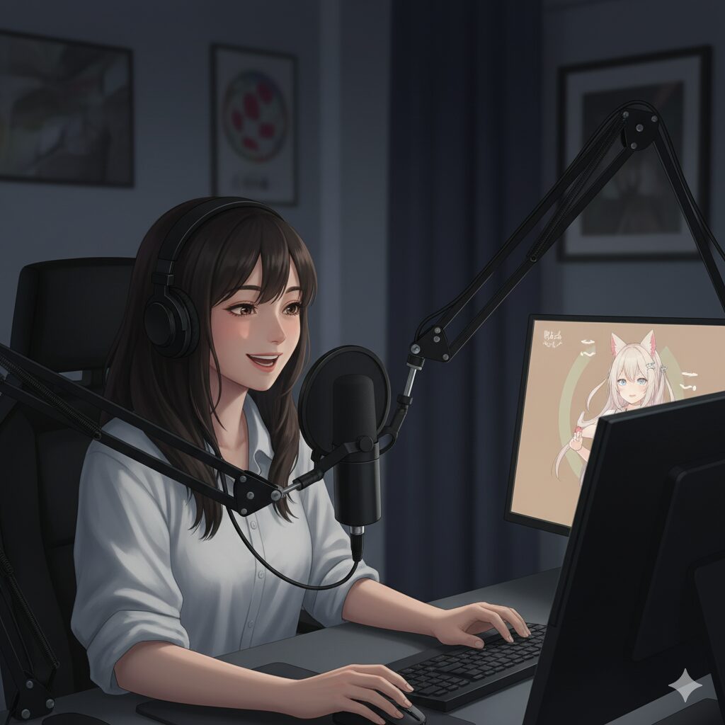 声優業界と比較される、VtuberとしてPCに向かい配信活動を行う日本人女性。