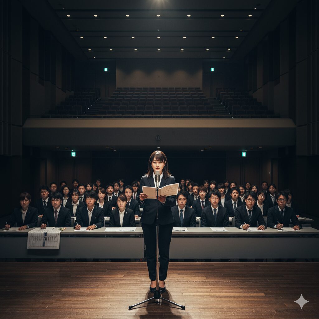 代々木アニメーション学院の業界ドラフトオーディションで、多数の審査員を前に演技を披露する学生