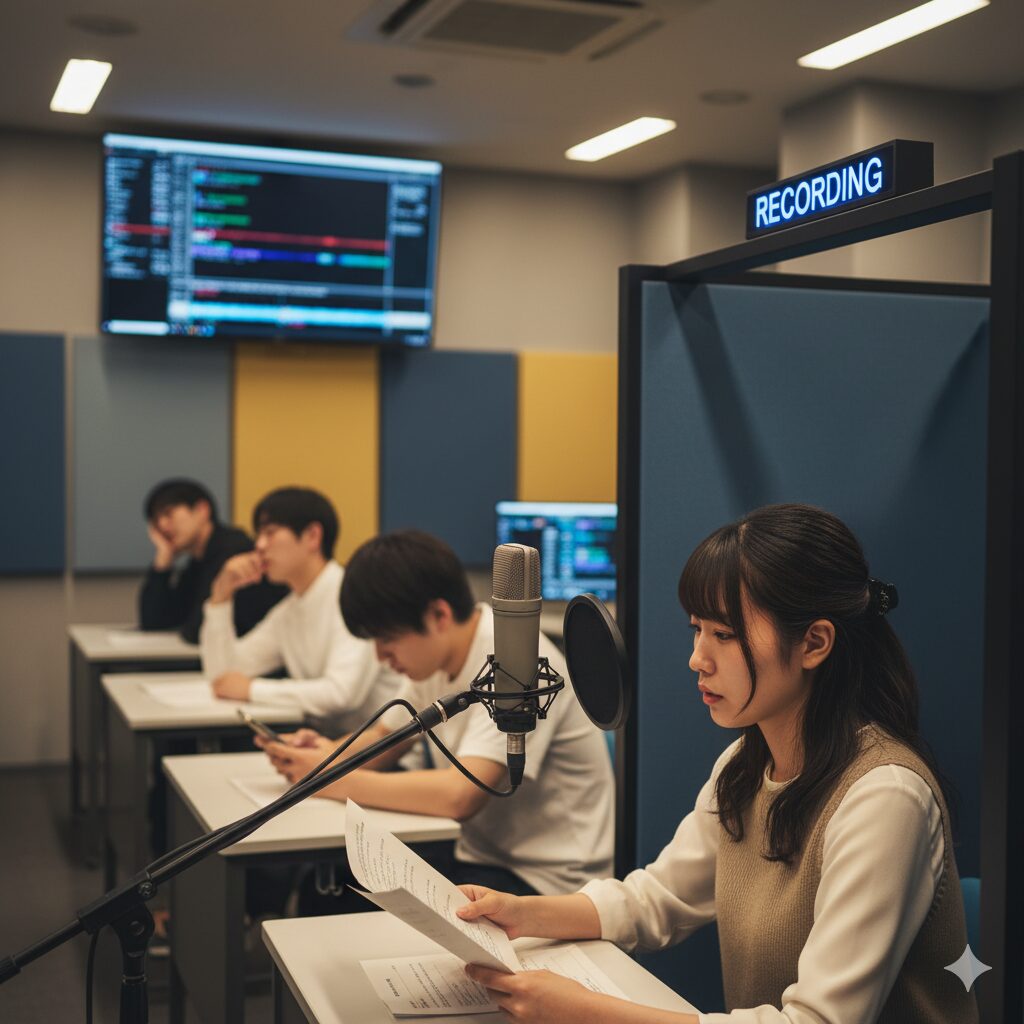 声優学校のレッスンで真剣な学生とやる気のない学生の対比。目的意識の重要性を示す。
