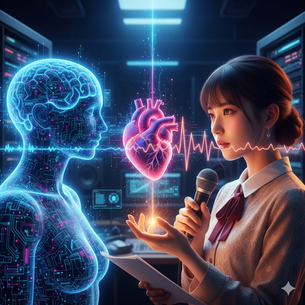 AI技術の台頭と声優業界の未来。AIのデジタルな波形と人間の感情を表す心臓が向き合う、技術と感情表現の対比。