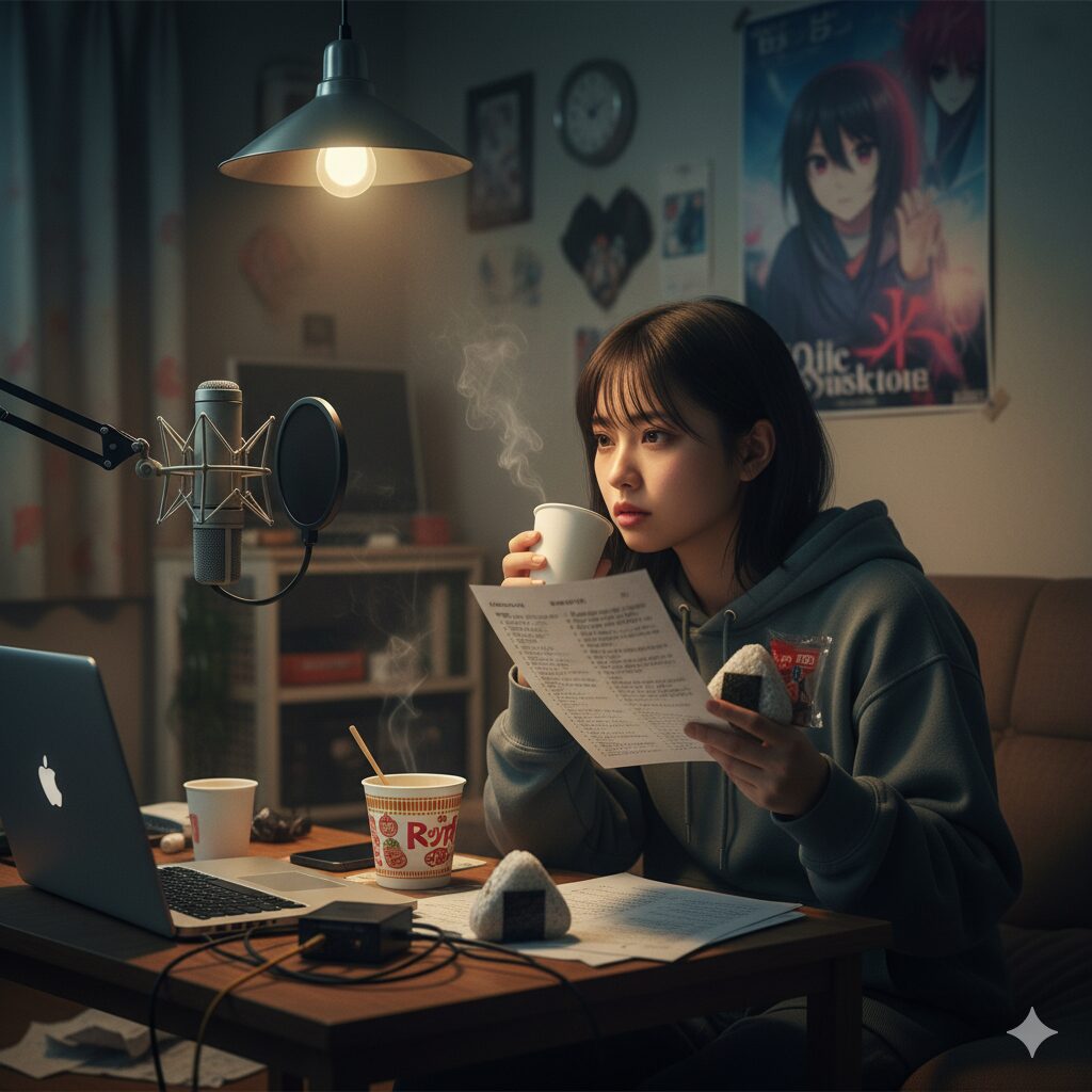 声優の仕事だけでは食べていけない厳しい現実。夜遅くまで台本を読みながら、アルバイト生活を送る新人声優の経済的困窮。