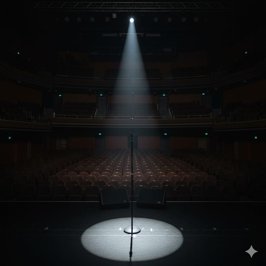 アイドル声優ブームの終焉をイメージさせる、観客のいない空っぽのコンサート会場とステージ上のマイクスタンド。