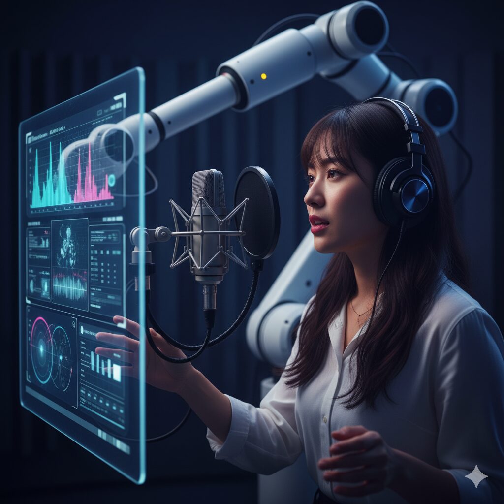 AI技術と共存し、新たな役割を担う未来の日本人声優のスタジオ作業風景。