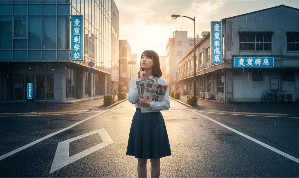 声優専門学校(学校の建物)と声優養成所(スタジオの建物)の分岐点で、自分に合った進路に悩む声優志望者。