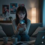 代々木アニメーション学院の評判をスマートフォンで調べ、不安そうに悩む日本の若者