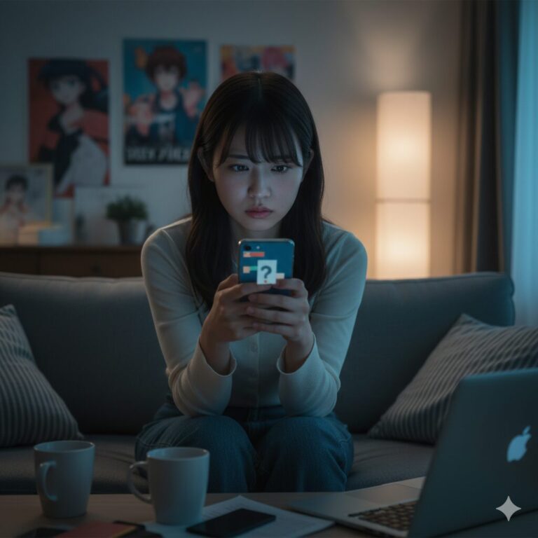 代々木アニメーション学院の評判をスマートフォンで調べ、不安そうに悩む日本の若者