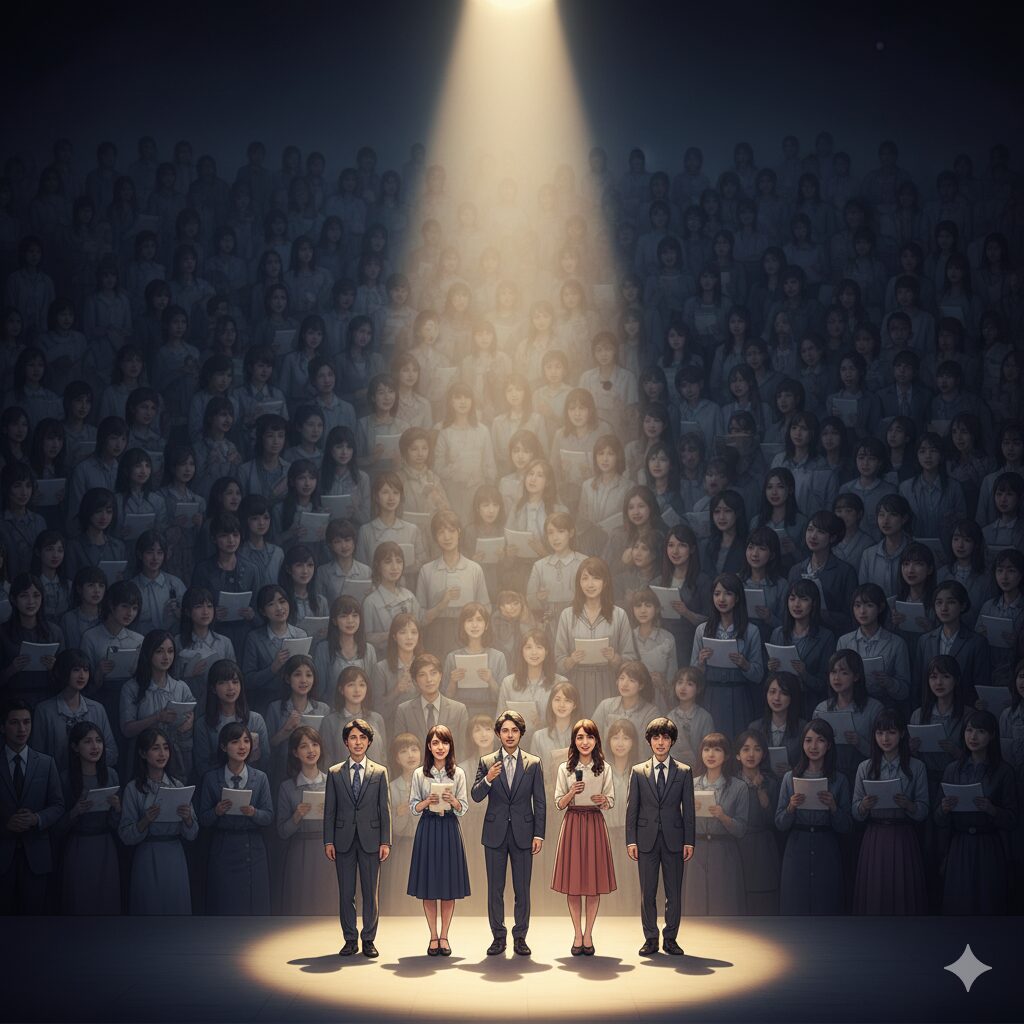 声優業界の深刻な飽和状態を表現したイメージ。無数の志望者の中で、ごく一部のプロだけにスポットライトが当たっている。