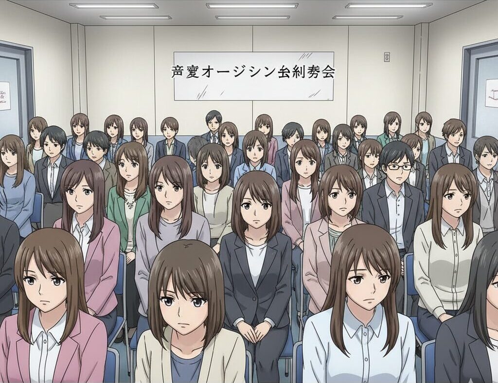 声優業界の飽和状態を象徴する、オーディション会場で待機する大勢の日本人志望者たち。