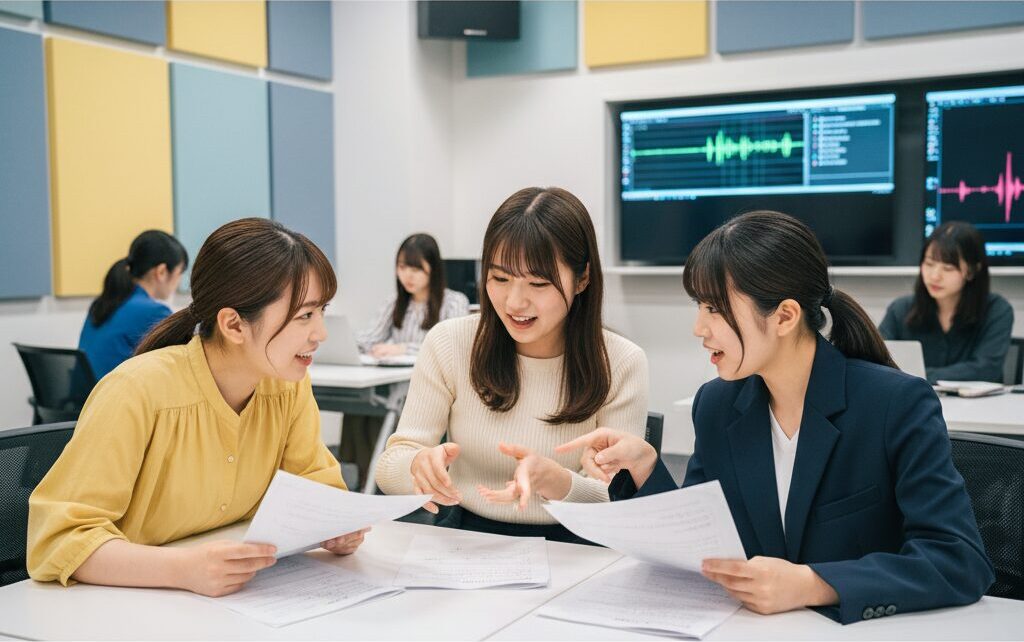 代々木アニメーション学院の教室で、台本を持ち真剣に議論する学生たちの様子