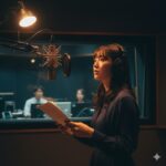 声優業界の厳しすぎる現実を前に、録音ブースで一人マイクに向き合い、物思いにふける声優志望者