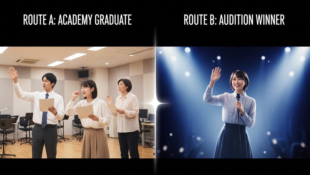 声優になるための2つの道、地道な養成所ルートと華やかなオーディションルートを表すイメージ
