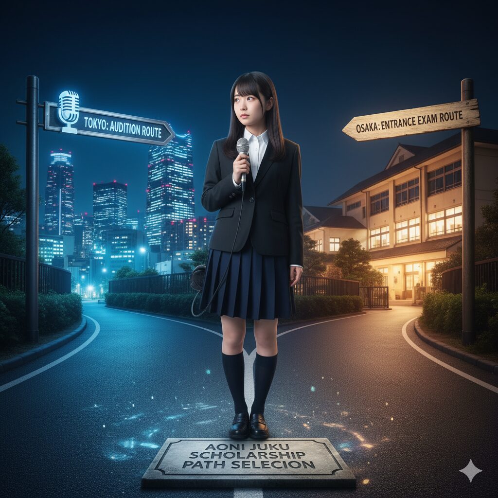青二塾の特待生を目指すため、東京と大阪のどちらのルートを選ぶか岐路に立つ声優志望者