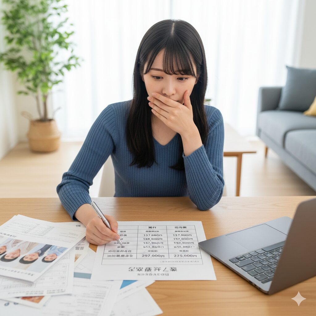 自宅でテアトルアカデミーの費用内訳が書かれた資料を見て、驚きと不安の表情を浮かべる日本人女性。手で口を覆っている