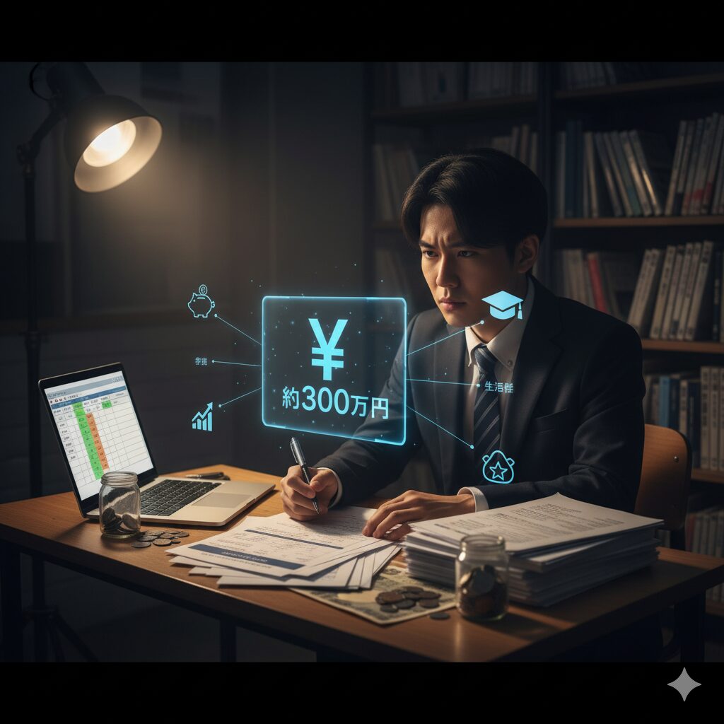 深夜の書斎で、学費約300万円の支払いについて真剣に計算している男性。ノートPCと書類が山積みになっている
