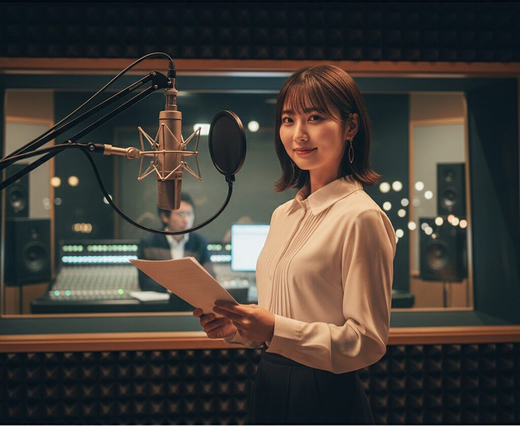 厳しい訓練を経てプロの声優としてスタジオのマイク前に立つ自信に満ちた日本人の姿