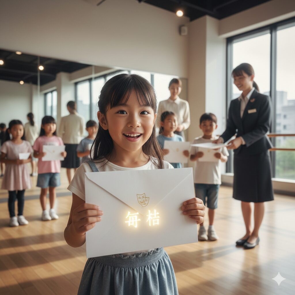 オーディション会場のような場所で、笑顔で合格通知書を掲げる日本人の子ども。他の子どもたちも合格通知を受け取っている