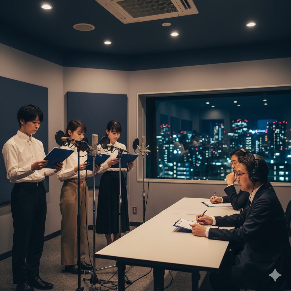 声優養成所のオーディションの様子。審査員の前で台本を読む若い志望者たち。