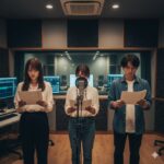 アフレコスタジオで台本を持ちマイクに向かう日本の若手声優たちの真剣な表情