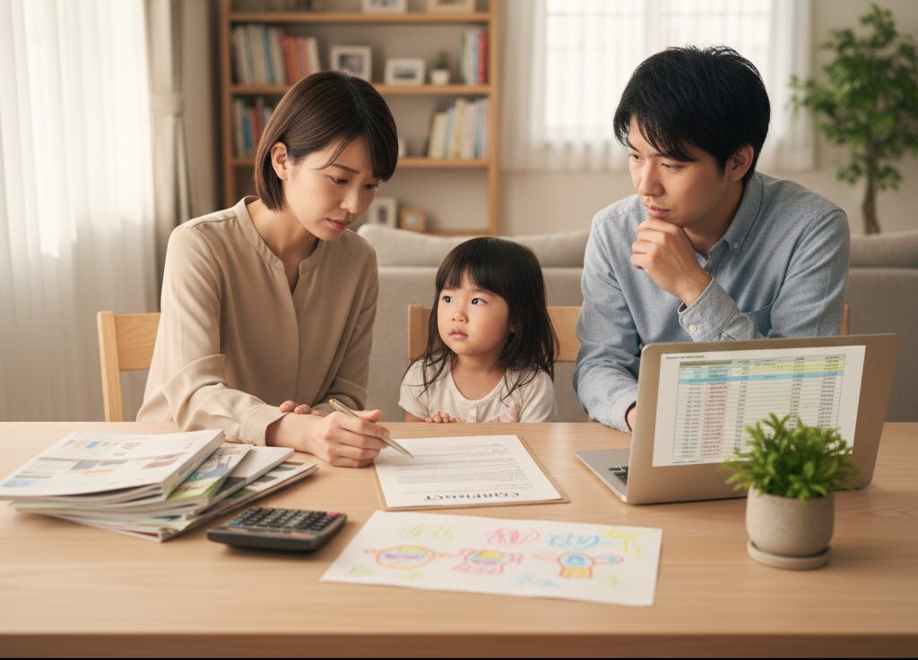 家族3人がテーブルを囲み、真剣な表情で資料やノートパソコンを見ている様子。契約書のような書類を指差す母親、考え込む父親、そしてその様子を見つめる幼い子供