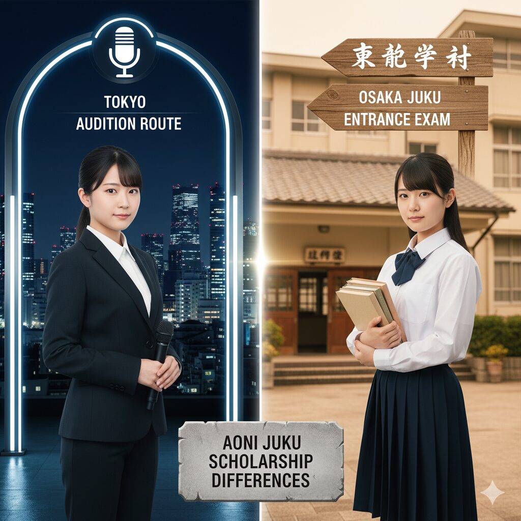 青二塾特待生制度の決定的な違いを示す東京(オーディション)と大阪(入塾試験)の比較イメージ