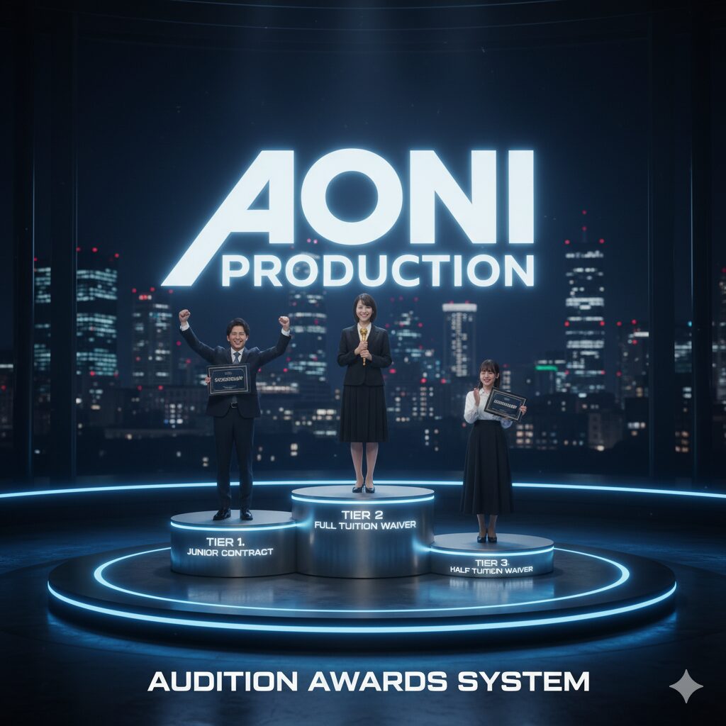 青二プロダクションオーディションの合格特典である3段階のティア構造(ジュニア所属・全額免除・半額免除)を象徴する表彰台