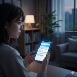 スマートフォンで「テアトルアカデミー やめたほうがいい」と検索している日本人女性。夜の部屋で真剣な表情