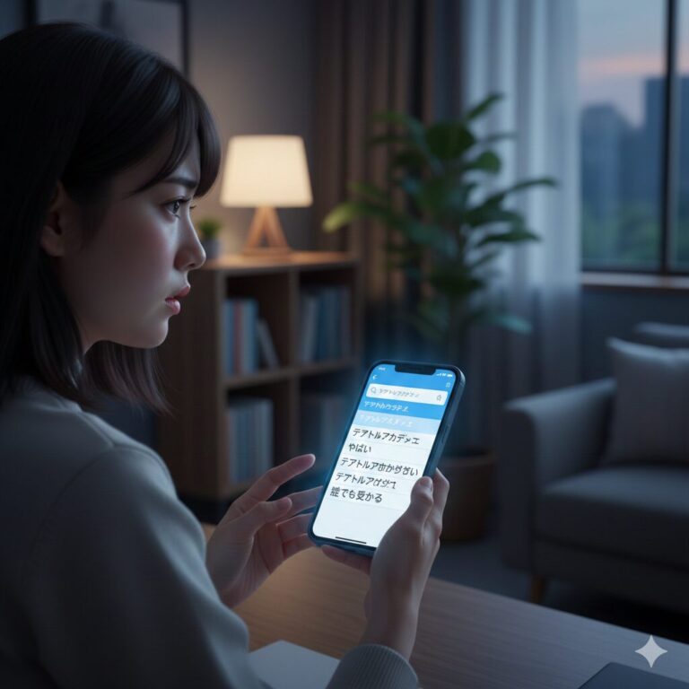 スマートフォンで「テアトルアカデミー やめたほうがいい」と検索している日本人女性。夜の部屋で真剣な表情