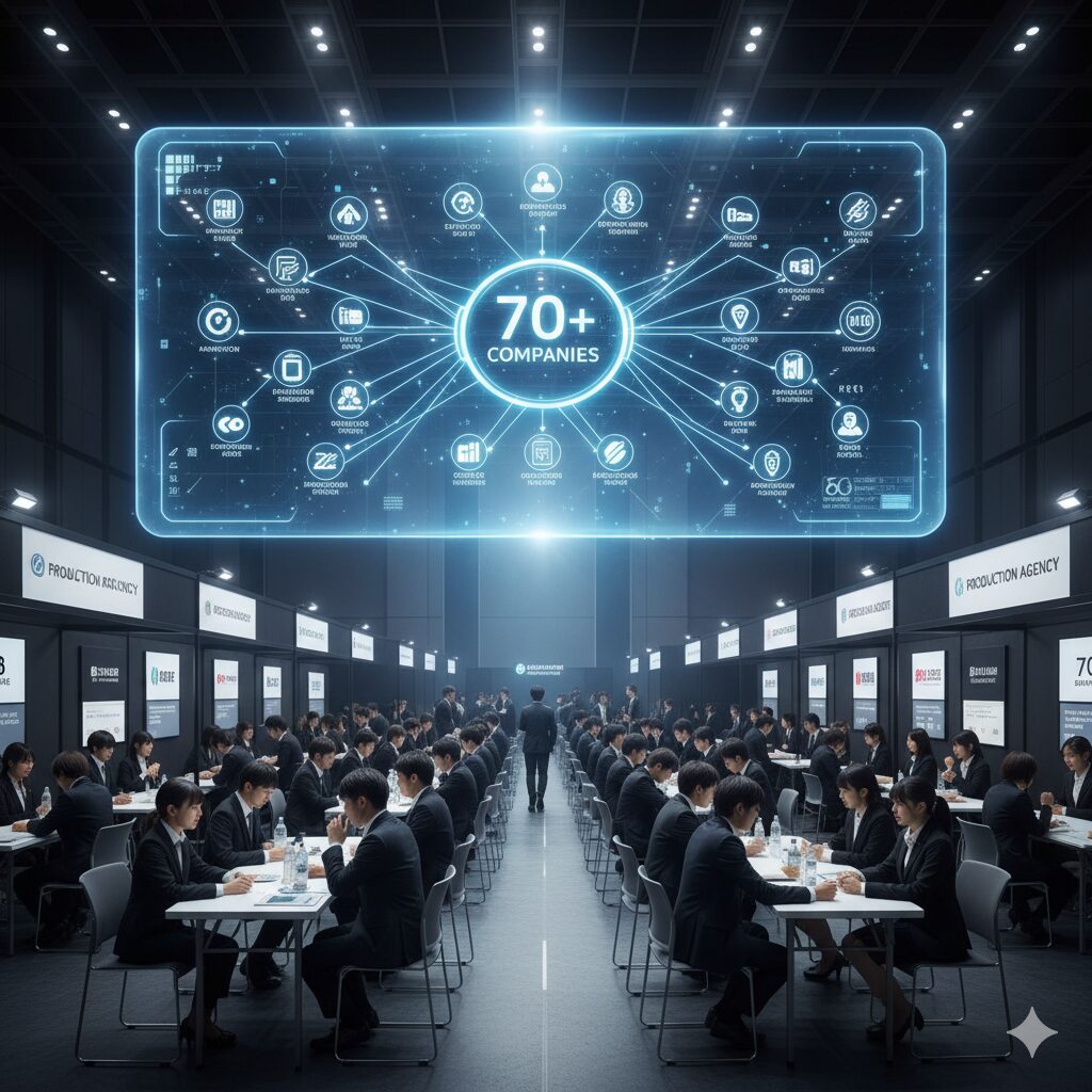 大規模な合同オーディション会場で、多くの学生が面接を受けており、上部には70社以上の企業アイコンが広がる様子