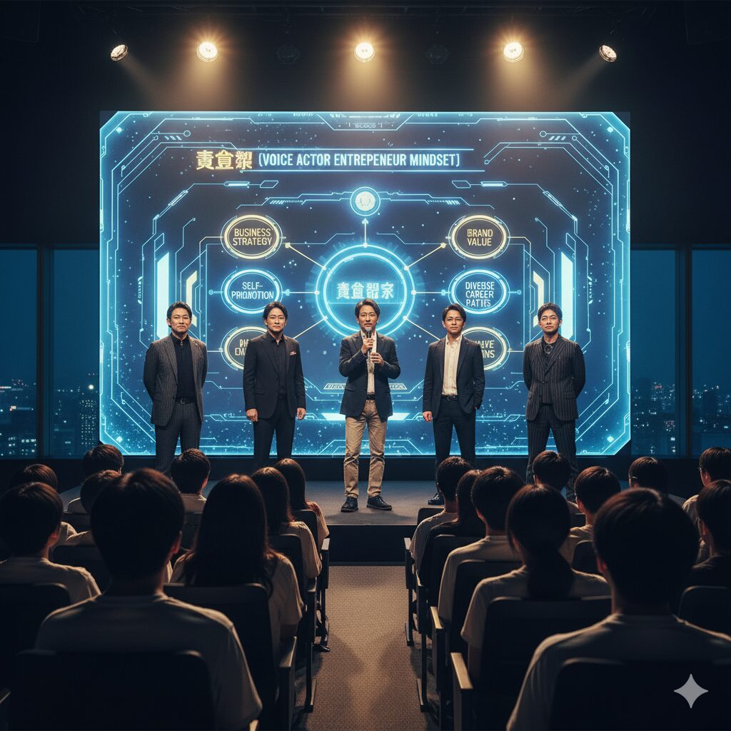 著名な声優起業家たちがステージで講演し、聴衆が熱心に耳を傾ける様子。背後のスクリーンには「声優起業家マインド」の概念図が映し出されている
