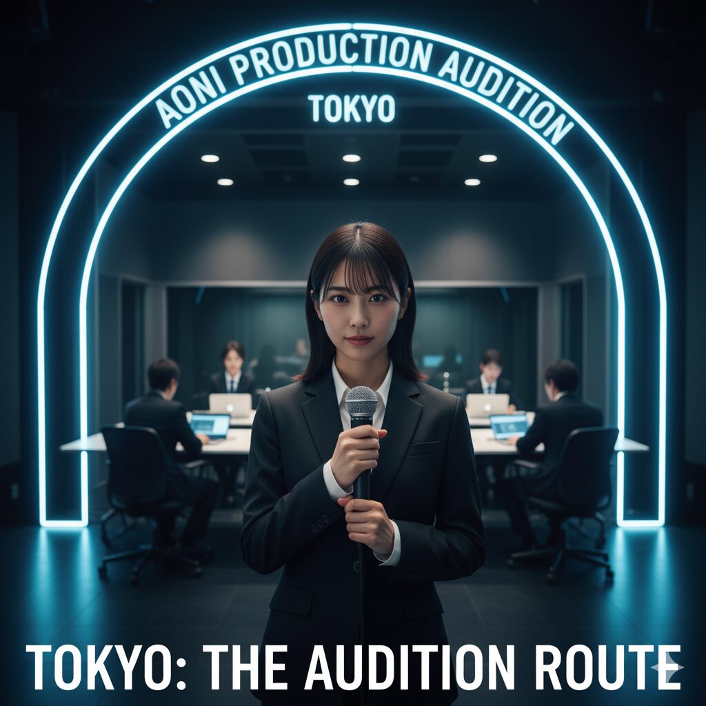 青二塾東京校の特待生ルートである、プロフェッショナルな声優オーディションに臨む日本人志望者