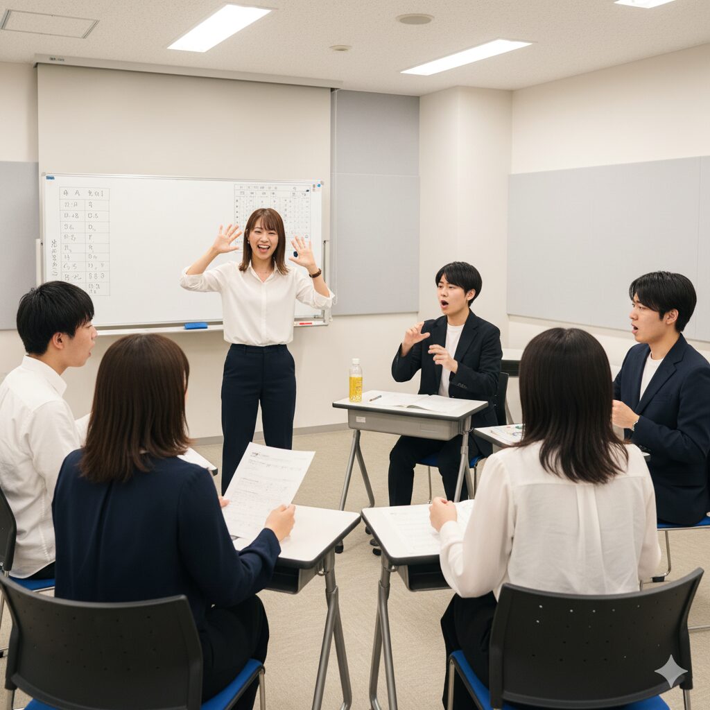 声優の専門学校で、発声や滑舌などの基礎訓練を行う未経験の生徒たち。