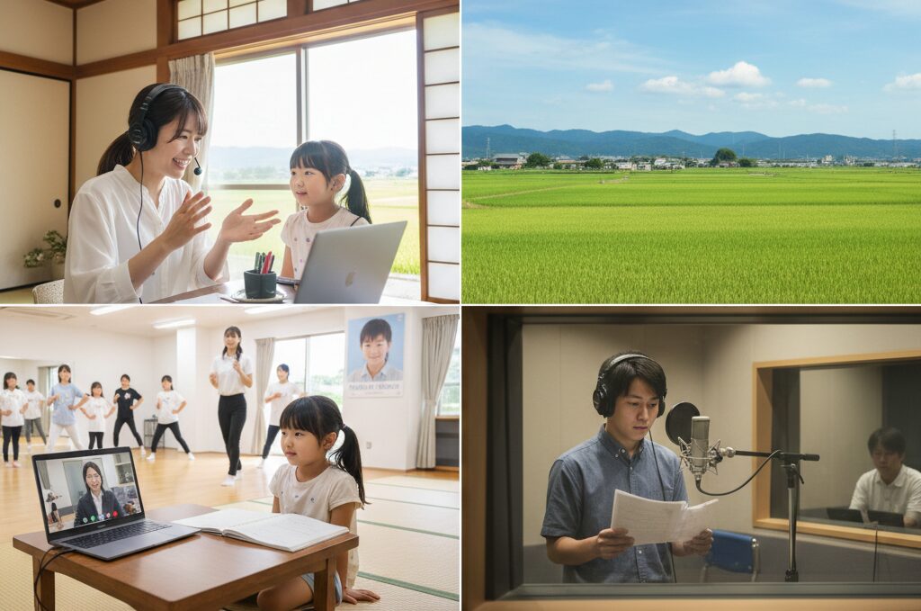 地方に住む日本人がオンラインで芸能活動をする様子を示す4分割画像。上部左には自宅でオンラインレッスンを受ける母親と子供、上部右には豊かな田園風景、下部左にはレッスンスタジオでオンライン講師と学ぶ子供たち、下部右には自宅でボイスレコーディングをする男性が描かれている