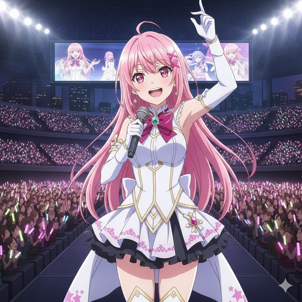 観客で埋め尽くされたアリーナのステージで、アニメ風の女性アイドルキャラクターが熱唱している様子