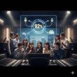 声優学校の生徒たちがレコーディングスタジオで喜び、中央に92%の所属率を示すホログラムが表示されている様子