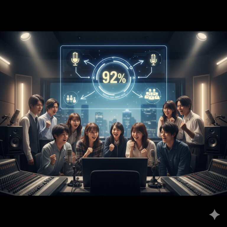 声優学校の生徒たちがレコーディングスタジオで喜び、中央に92%の所属率を示すホログラムが表示されている様子