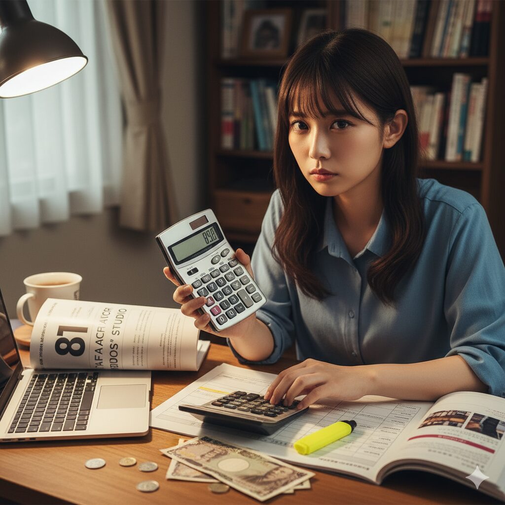 声優養成所の資料を見ながら電卓を叩き費用について真剣に検討する日本人女性