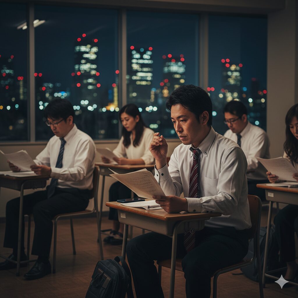 仕事帰りに声優養成所の夜間コースで勉強する社会人の男性。