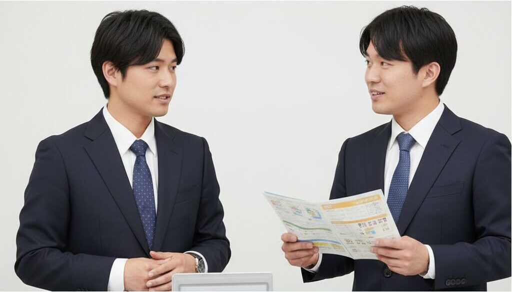 声優養成所の体験入学に訪れ、パンフレットを片手にスタッフと話す声優志望者。