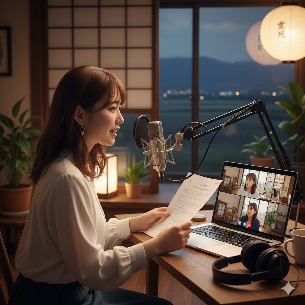 地方の自宅から、ノートパソコンとマイクを使って声優のオンラインレッスンを受ける女性。