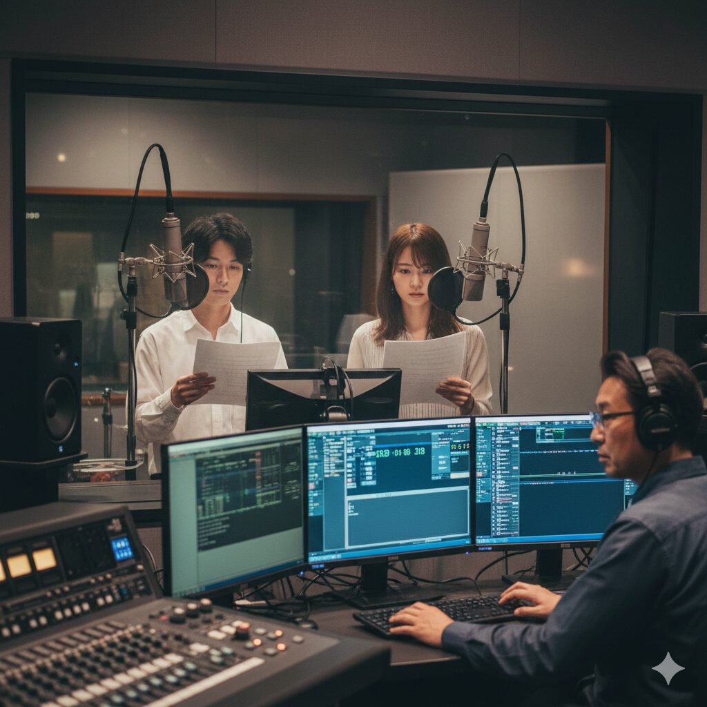 マウスプロモーションのスタジオ実習にて、プロ仕様のマイクとモニターの前で演技を磨く日本人の養成所生