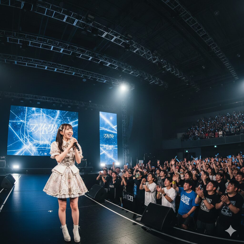 ライブステージでマイクを持ち、笑顔で観客と交流する日本人若手女性声優。歌唱とフリートークのスキルを象徴するイメージ