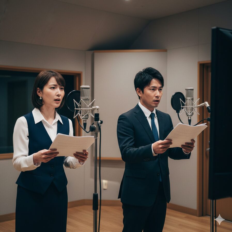 外画吹き替えの現場を彷彿とさせる、マイクに向かって真剣に演技をする日本人声優たちの様子