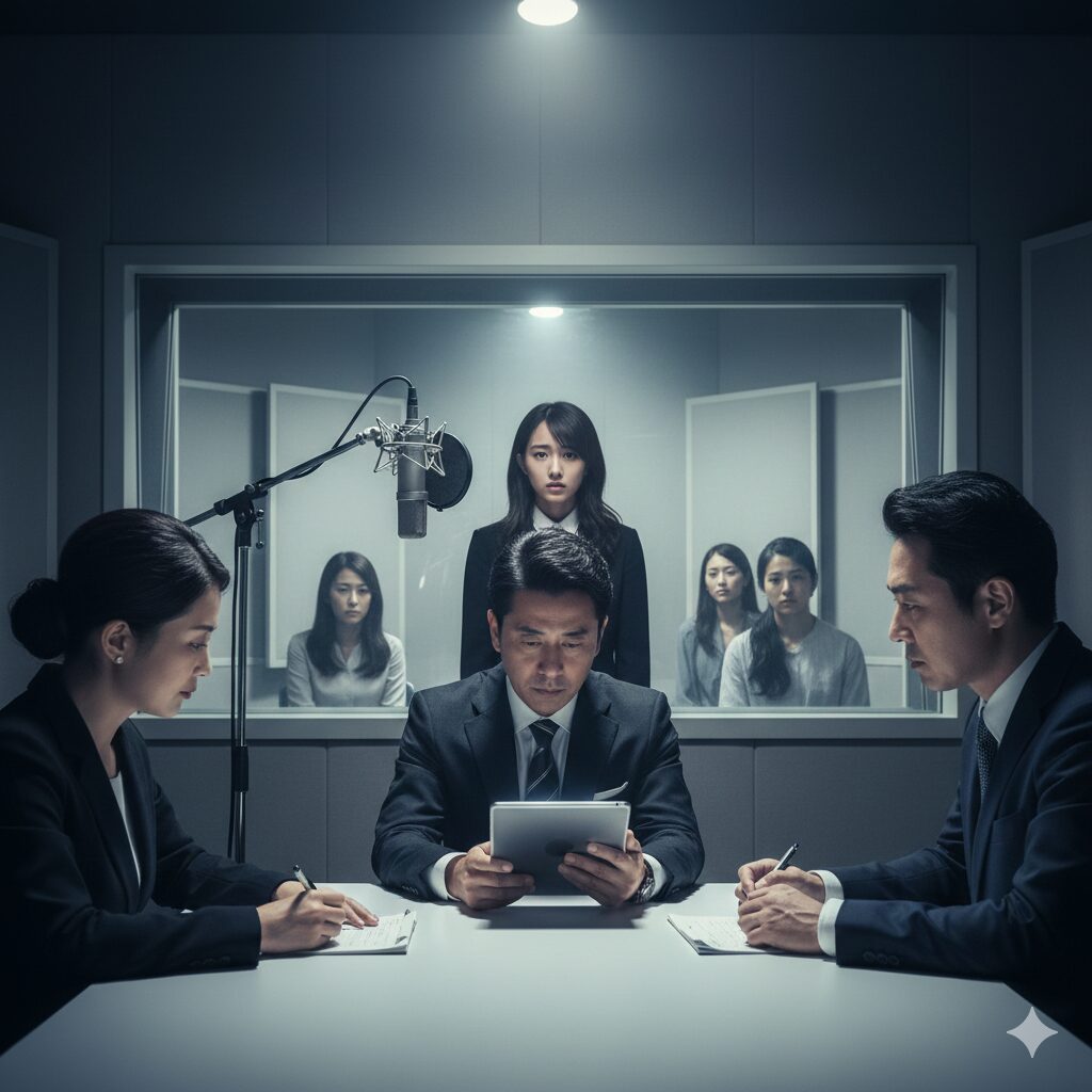 声優オーディションの実技審査で、演技の「人間性」や「プロ意識」を厳しく評価しているアジア人審査員の様子
