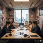 KADOKAWA作品のポスターやグッズが並んだ声優事務所の会議室で、真剣な表情で打ち合わせをする日本人声優とプロデューサーの様子