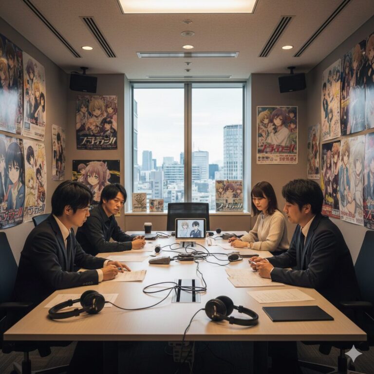 KADOKAWA作品のポスターやグッズが並んだ声優事務所の会議室で、真剣な表情で打ち合わせをする日本人声優とプロデューサーの様子