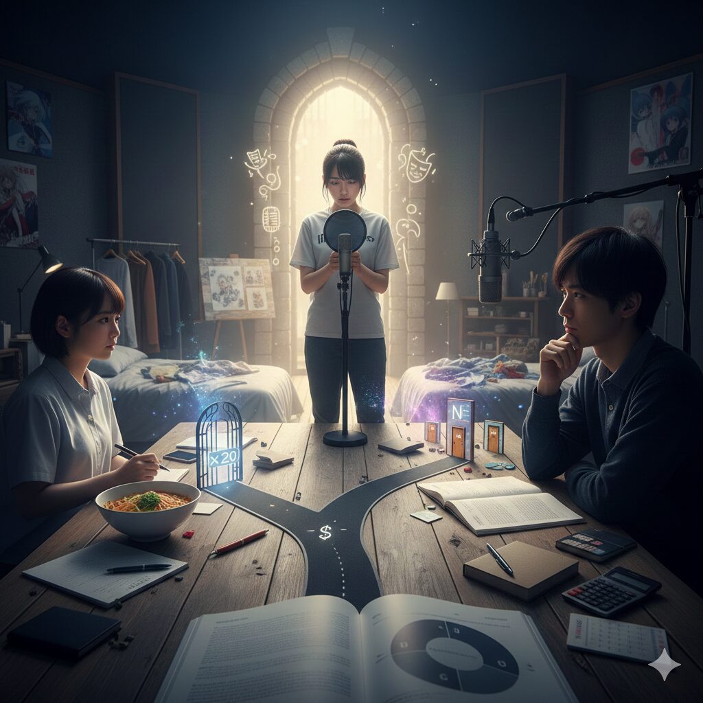 賢プロダクション附属養成所スクールデュオのオーディション倍率が約20倍という競争率の高さを示す、狭い門を凝視するアジア人受験生のイメージ