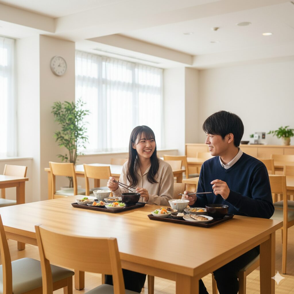 提携学生寮の食堂で、バランスの良い食事をとりながら仲間と談笑する日本人の学生たち