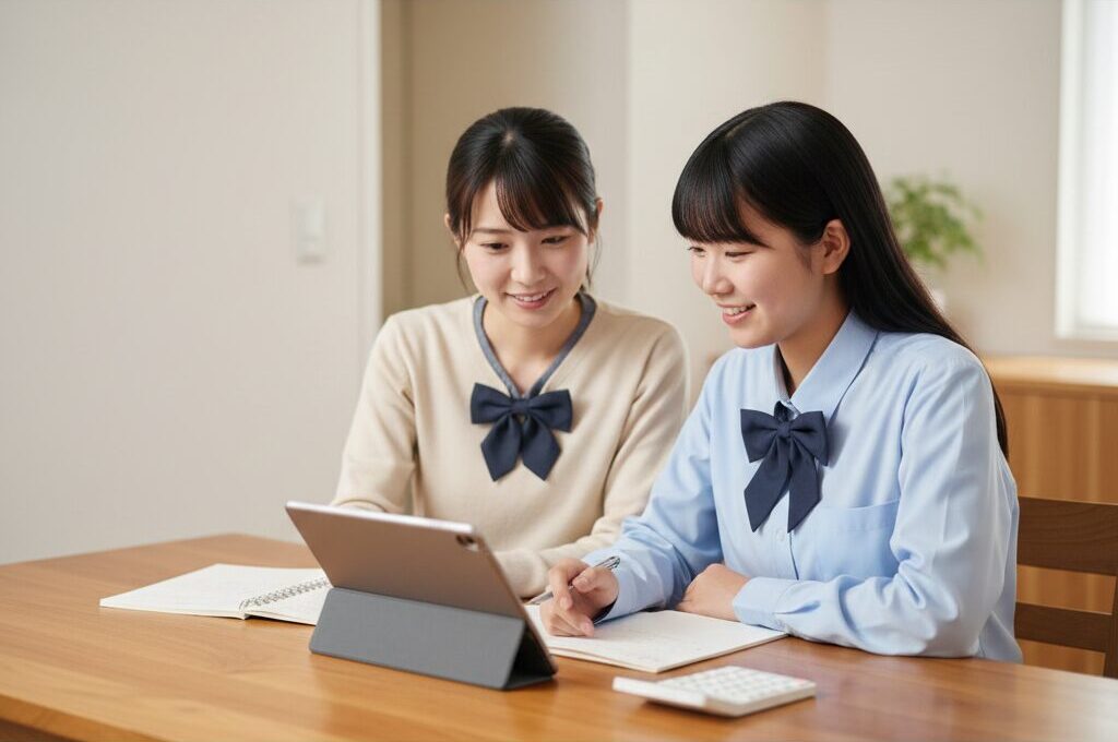 自宅のテーブルで保護者と学費のシミュレーションや資金計画について相談する日本人の女子学生